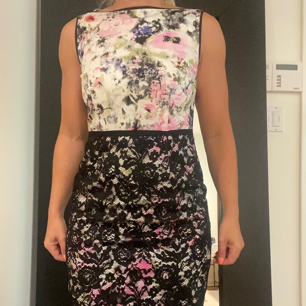 Beautiful floral print dress with lace overlay